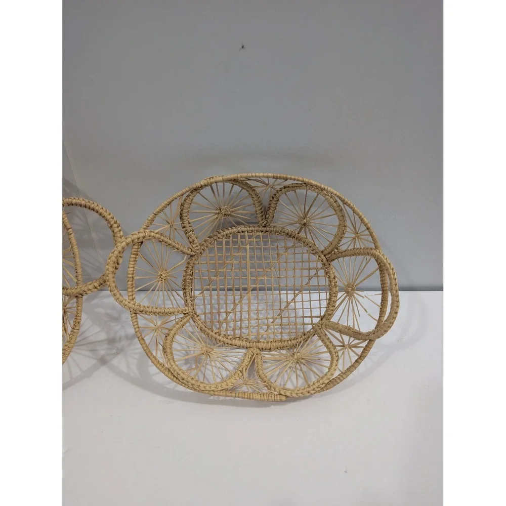 Vintage Boho Wicker Rattan Petal Baskets Set of 2 Natural Straw Trays Handles